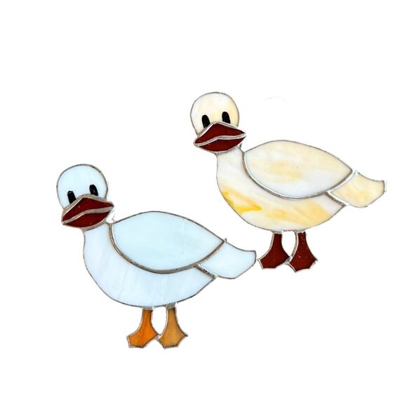 None Other - Set of 2 Vintage Stained Glass Handmade Farmyard Duck Goose Suncatchers 7"x6.5"